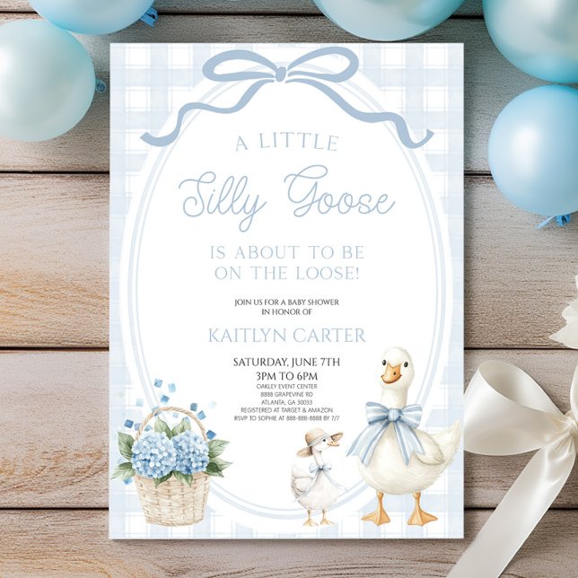 Convite A Little Silly Goose Blue Bow Floral Baby Shower (Criador carregado)