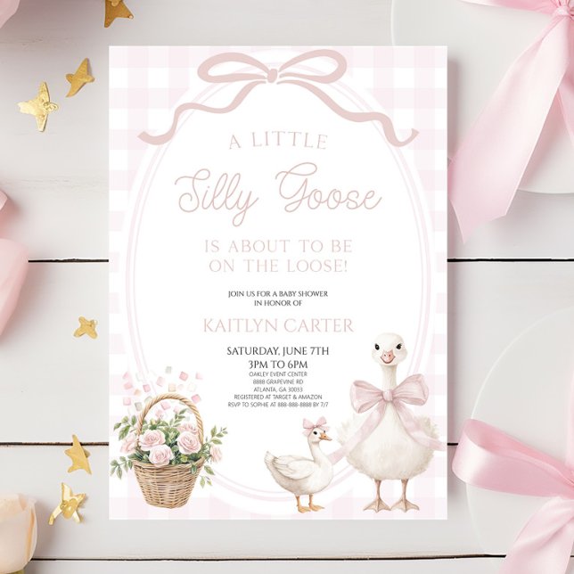 Convite A Little Silly Goose Pink Bow Floral Baby Shower (Criador carregado)