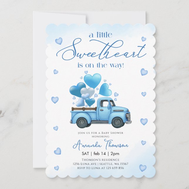 Convite A little Sweetheart blue Truck Baby Shower (Frente)