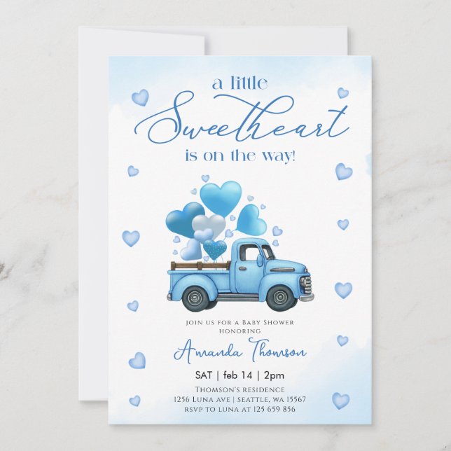 Convite A little Sweetheart blue Truck Baby Shower (Frente)
