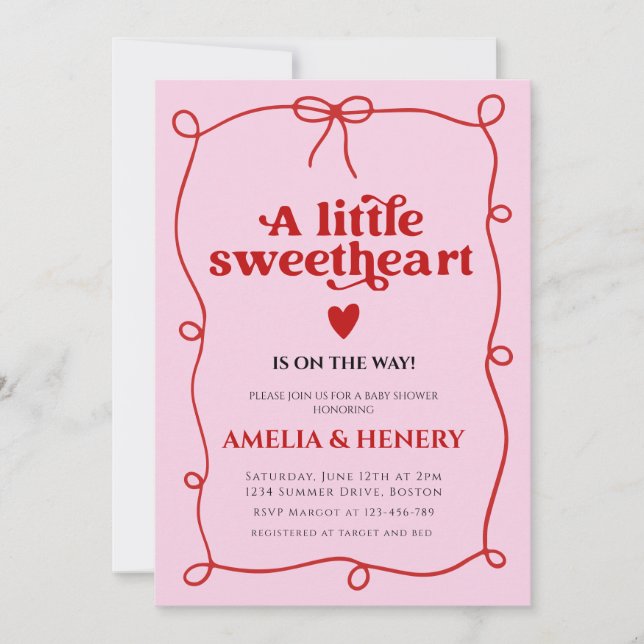 Convite A Little Sweetheart Girl doodle Bow Baby Shower (Frente)