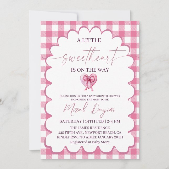 Convite A Little Sweetheart  Pink Bow Heart Baby Shower (Frente)