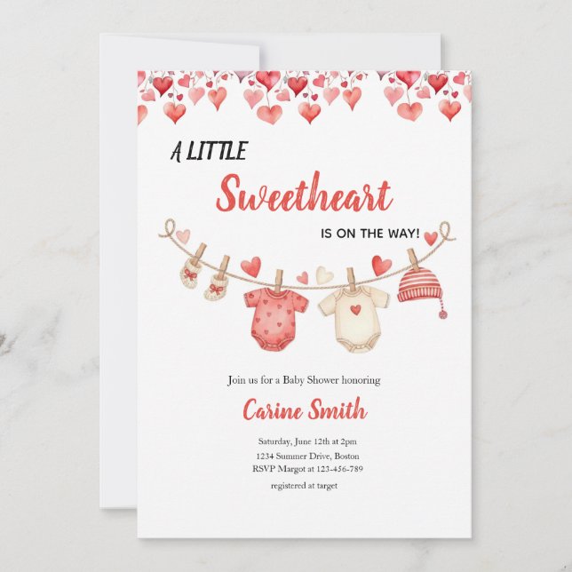 Convite A little Sweetheart Valentine's Girl Baby Shower  (Frente)