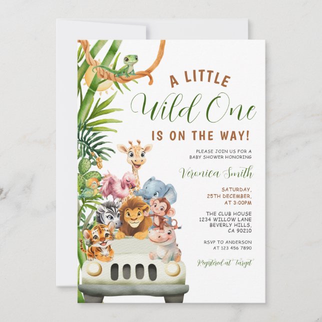 Convite A Little Wild One Baby Shower Forest Animals Truck (Frente)
