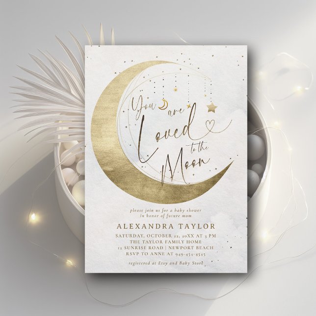 Convite A Lua Adorada Estende Dourado Chá de fraldas Neutr (loved to the moon baby shower invitation moon stars watercolor cute coed elegant neutral)
