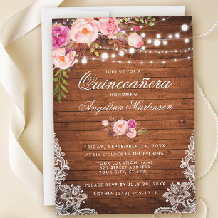 Convite A madeira rústica de Quinceanera ilumina floral