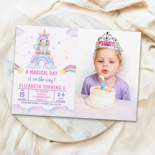 Convite A Magical Day Cute Unicorn Birthday Girl Photo (Criador carregado)