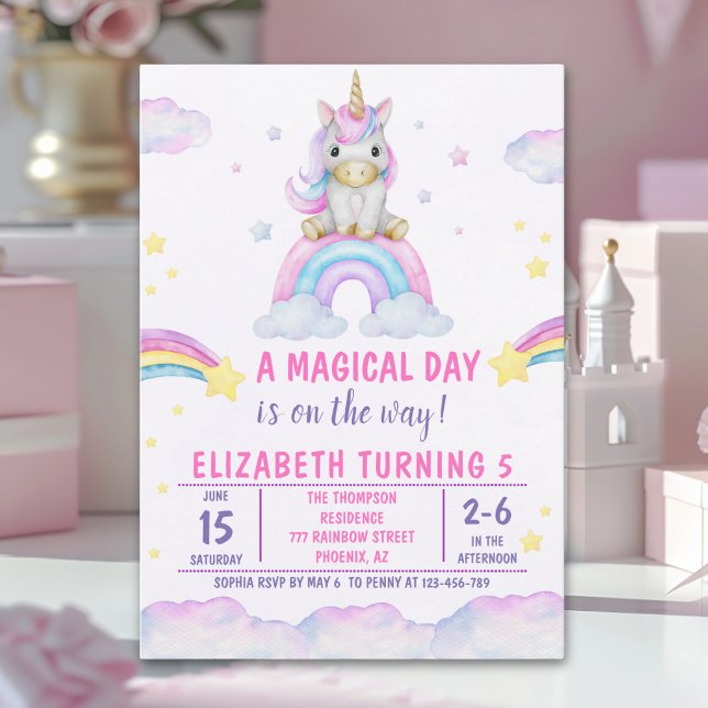 Convite A Magical Day is on the Way Unicorn Birthday Girl (Criador carregado)