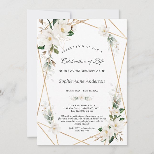 Convite A Magolia Branca Flói Dourada Celebração Da Vida (Frente)