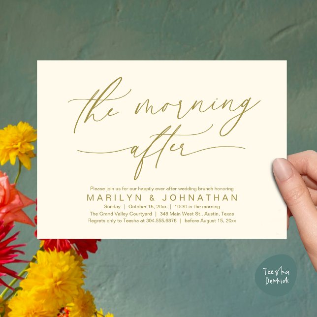 Convite A Manhã Após O Renascimento Moderno Do Casamento B (The Morning After Modern Romantic Post Wedding Elopement Brunch Invitation Card PDF in Yellow Gold)