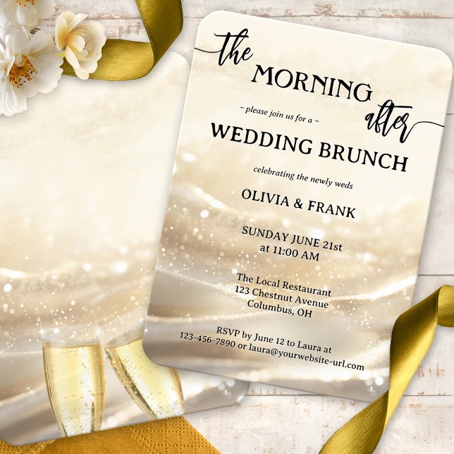 Convite A Manhã Depois Do Dourado Casamento De Espumante B (Modern boho chic wedding brunch invitation showing a festive design with gold sparkles and champagne)