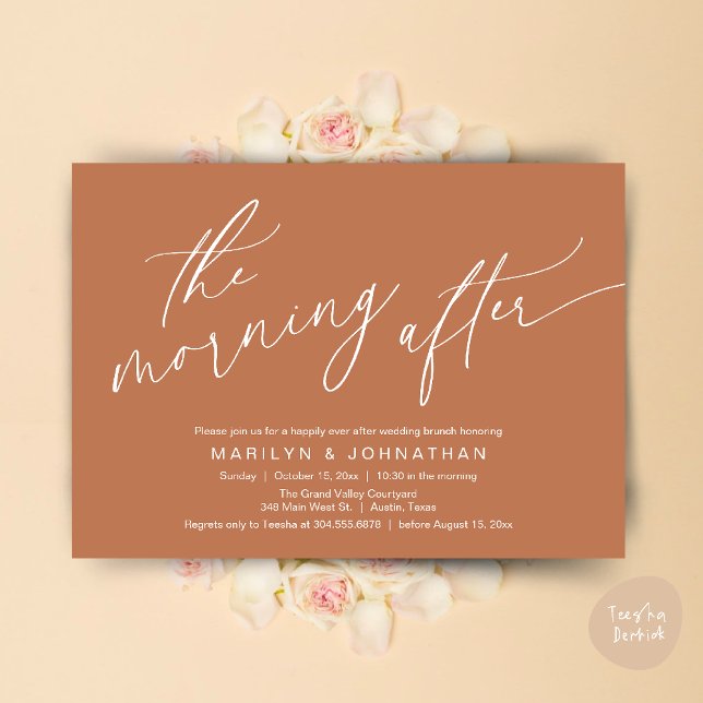 Convite A Manhã Depois, Felizmente Depois De Brunch (The Morning After, Happily Ever After Brunch Invitation Card PDF in Romantic Aesthetic Copper Brown)