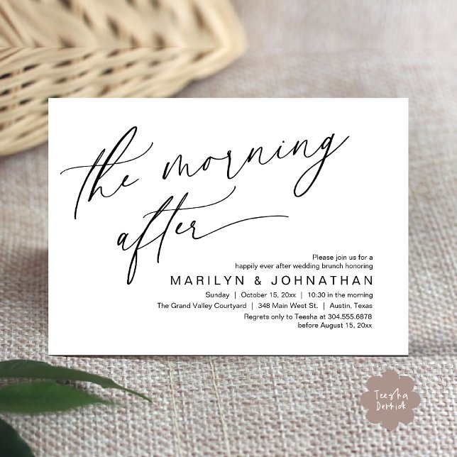 Convite A Manhã Depois, Felizmente Depois De Brunch (The Morning After Modern Romantic Post Wedding Elopement Brunch Invitation Card PDF in White Black)