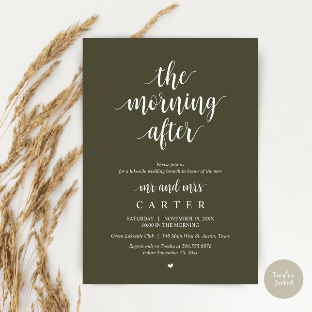 Convite A Manhã Depois, Postar a Celebração de Brunch (The Morning After, Modern Post Wedding Brunch Celebration Invitation Card, PDF, in Olive Green)