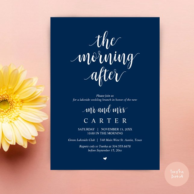 Convite A Manhã Depois, Postar a Celebração de Brunch (The Morning After, Modern Post Wedding Brunch Celebration Invitation Card, PDF, in Navy Blue)