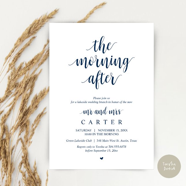 Convite A Manhã Depois, Postar a Celebração de Brunch (The Morning After, Modern Post Wedding Brunch Celebration Invitation Card, PDF, in Navy Blue)