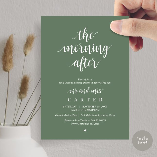 Convite A Manhã Depois, Postar a Celebração de Brunch (The Morning After, Modern Post Wedding Brunch Celebration Invitation Card, PDF, in Forest Sage Green)