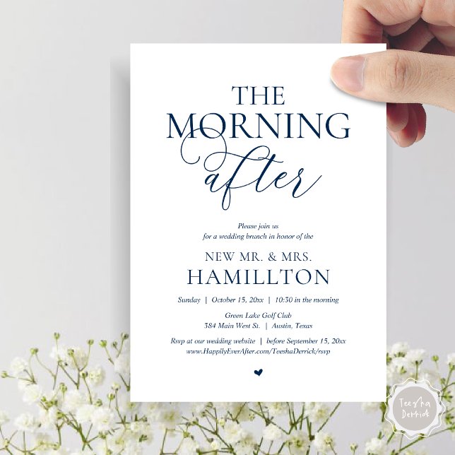 Convite A Manhã Depois, Postar a Celebração de Brunch (The Morning After, Modern Post wedding Brunch Lunch Celebration Invitation Card, PDF, navy Blue)