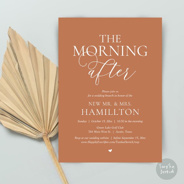 Convite A Manhã Depois, Postar a Celebração de Brunch (The Morning After, Modern Post wedding Brunch Lunch Celebration Invitation Card, PDF, Copper Brown)