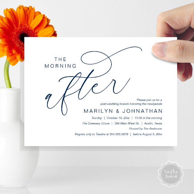 Convite A Manhã Depois, Poste Casamento Brunch Obrigado (The Morning After, Post Wedding Brunch Appreciate Thank You Invitation Card PDF Navy Blue)