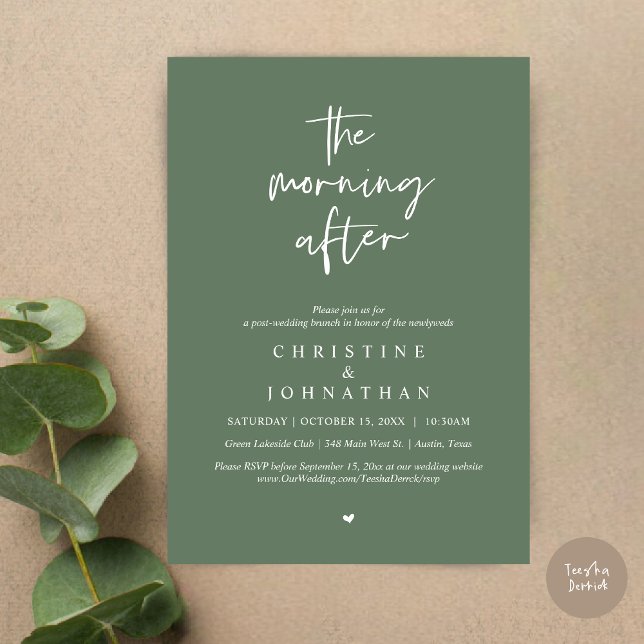 Convite A Manhã Depois, Poste Moderno Casamento Brunch (The Morning After, Modern Post wedding brunch invitation card, PDF, in Forest Sage Green)