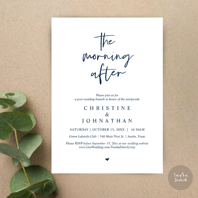 Convite A Manhã Depois, Poste Moderno Casamento Brunch (The Morning After, Modern Post wedding brunch invitation card, PDF, in Navy Blue)