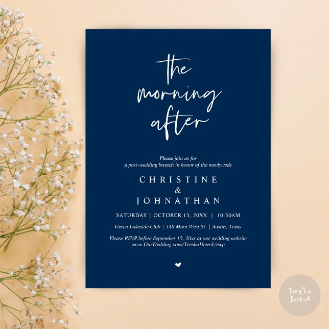 Convite A Manhã Depois, Poste Moderno Casamento Brunch (The Morning After, Modern Post wedding brunch invitation card, PDF, in Navy Blue)