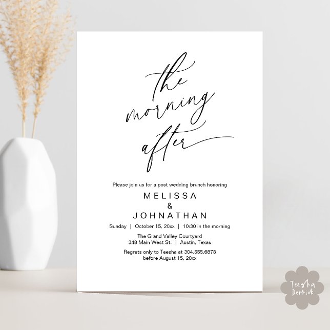 Convite A Manhã Depois, Posto Romântico Casando Brunch (The Morning After Modern Romantic Post Wedding Elopement Brunch Invitation Card PDF in White Black)
