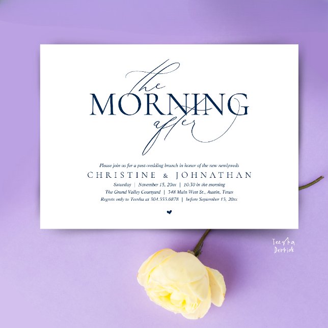 Convite A Manhã Seguinte, Brunch de Elopamento Pós-Casamen (The Morning After, Post Wedding Brunch Elopement Invitation Card in warm contemporary Navy Blue)