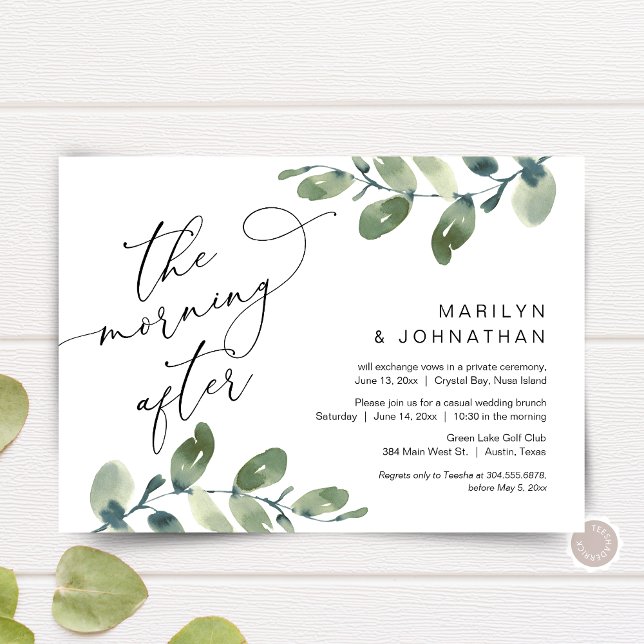 Convite A Manhã Seguinte, Brunch de Fuga, Verdura (The Morning After, Elopement Brunch Party Invitation Card, Greenery Eucalyptus, Digital Download)