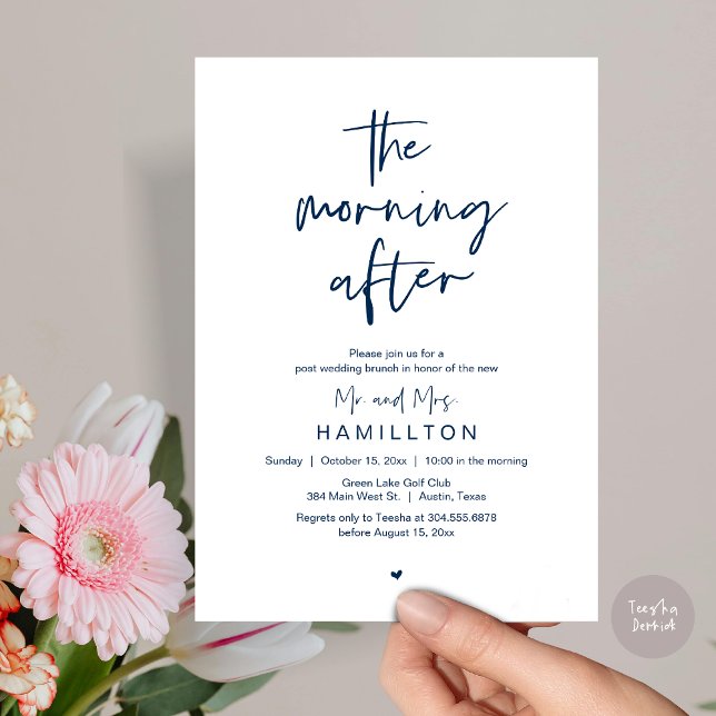 Convite A Manhã Seguinte, Brunch Pós Casamento (The Morning After, Post Wedding Brunch Elopement Modern Casual Invites Card PDF in Navy Blue)