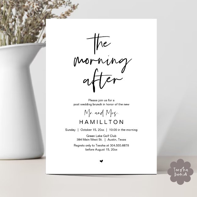 Convite A Manhã Seguinte, Brunch Pós Casamento (The Morning After, Post Wedding Brunch Elopement Modern Casual Invites Card PDF in Black White)