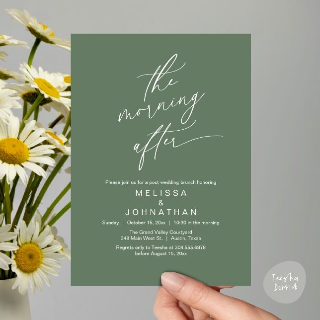 Convite A Manhã Seguinte, Brunch Romântico Pós-Casamento (The Morning After Modern Romantic Post Wedding Elopement Brunch Invitation Card PDF in Sage Green)