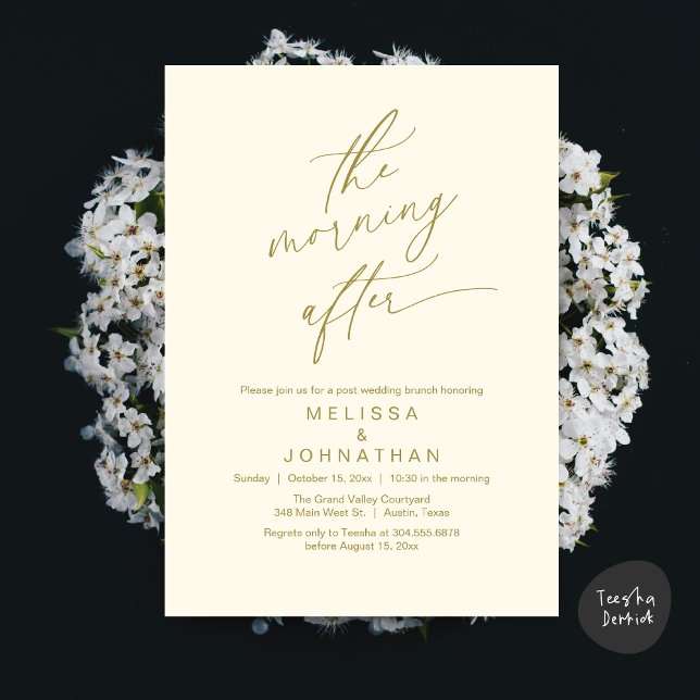 Convite A Manhã Seguinte, Brunch Romântico Pós-Casamento (The Morning After Modern Romantic Post Wedding Elopement Brunch Invitation Card PDF in Yellow Gold)