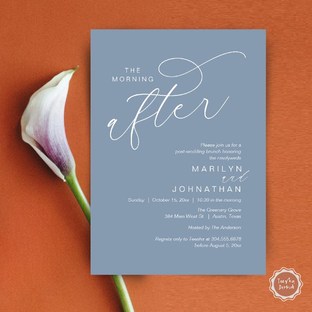 Convite A Manhã Seguinte, Poste Casamento Brunch Celebraçã (The Morning After, Post Wedding Brunch Appreciate Thank You Invitation Card PDF Dusty Blue)