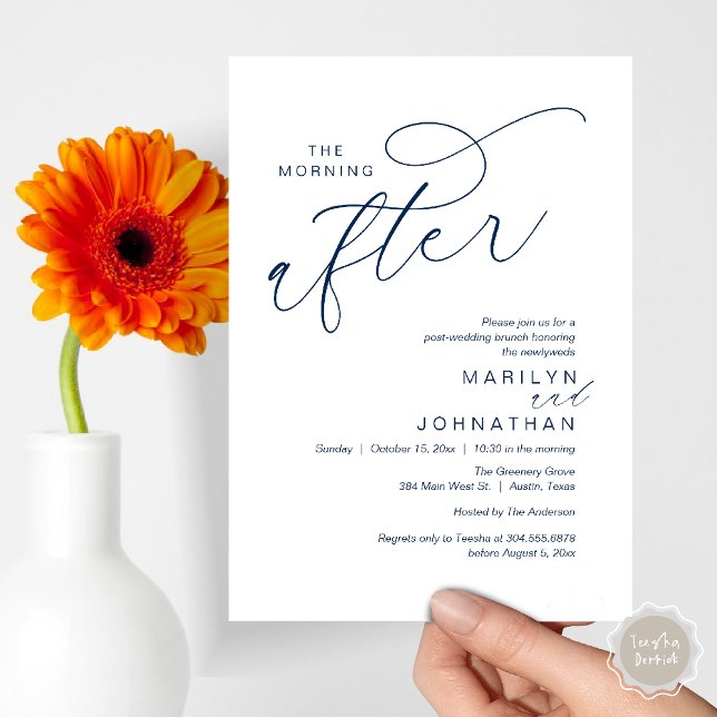 Convite A Manhã Seguinte, Poste Casamento Brunch Celebraçã (The Morning After, Post Wedding Brunch Appreciate Thank You Invitation Card PDF Navy Blue)