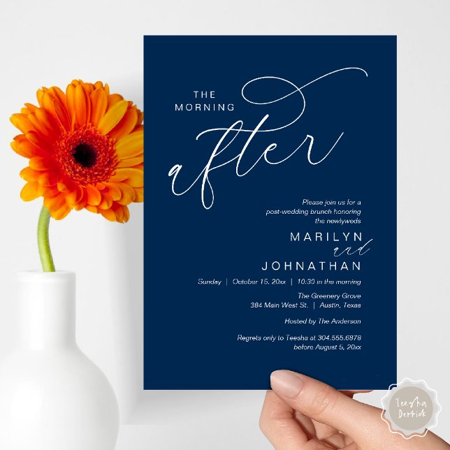 Convite A Manhã Seguinte, Poste Casamento Brunch Celebraçã (The Morning After, Post Wedding Brunch Appreciate Thank You Invitation Card PDF Navy Blue)
