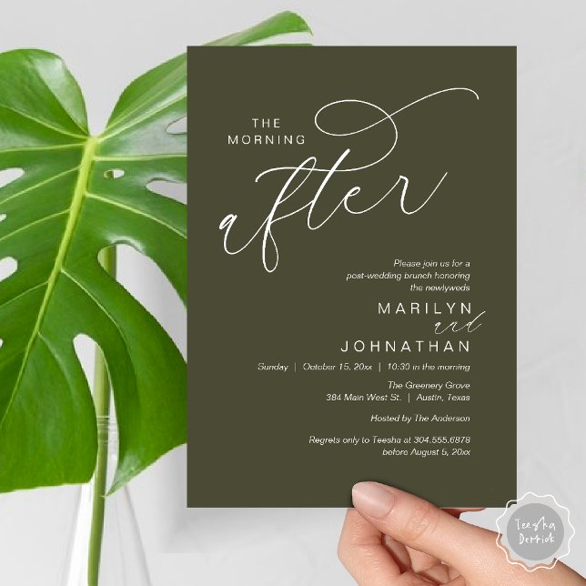 Convite A Manhã Seguinte, Poste Casamento Brunch Celebraçã (The Morning After, Post Wedding Brunch Appreciate Thank You Invitation Card PDF Olive Green)