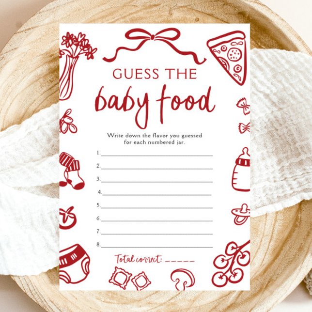Convite A Mão Desenhou O Chá de fraldas Italiano Adivinha  (Hand Drawn Italian Baby Shower Guess The Baby Food Game)