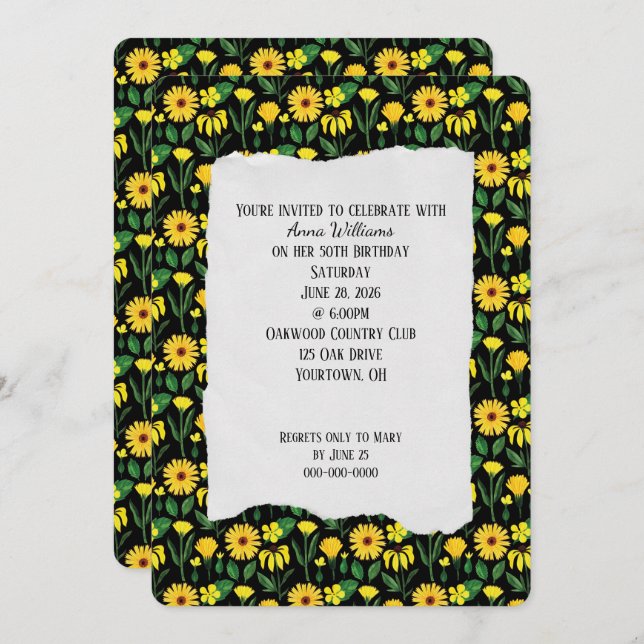 Convite à margarida amarela festa de aniversário (Frente/Verso)