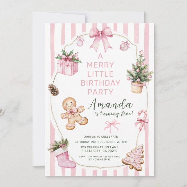 Convite A Merry Little Christmas Birthday Party Girl Pink  (Frente)