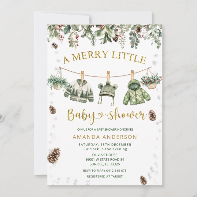 Convite A Merry Little Christmas clothlines Baby Shower (Frente)