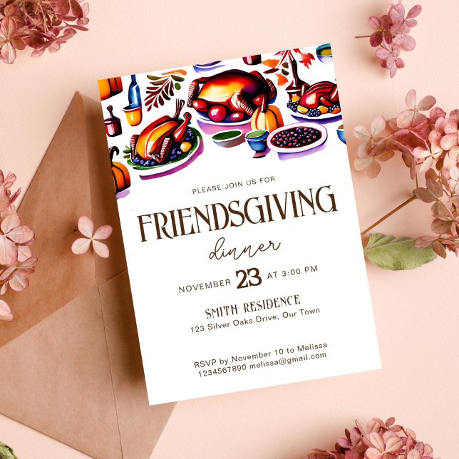 Convite A mesa de Ação de Graças de Amizade dispara os mod (Friendsgiving thanksgiving dinner party template invitation modern turkey meals art retro )