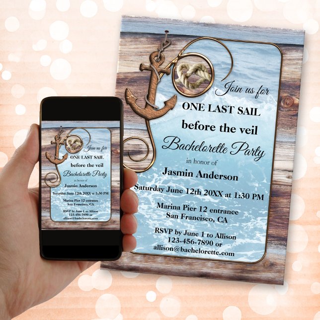 Convite à Navegação por Bachelorette Náutica Russa (Nautical themed bachelorette invitation showing an image of an ocean framed by rustic weathered wood)