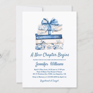 Convite a new chapter begins blue bow books baby shower 