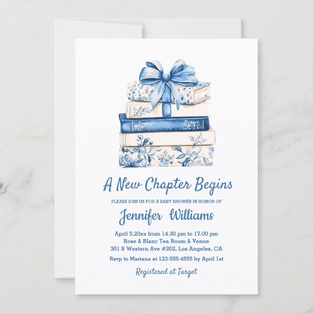 Convite a new chapter begins blue bow books baby shower  (Frente)