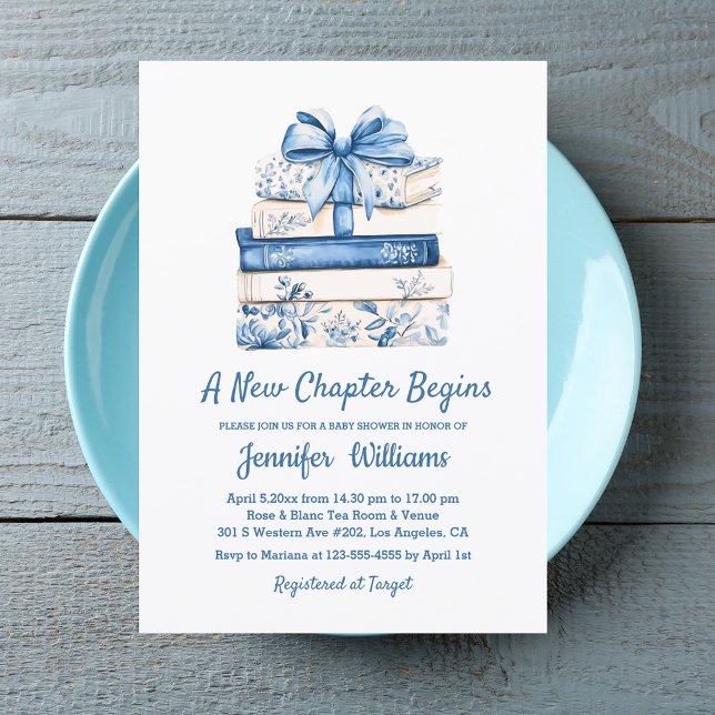 Convite a new chapter begins blue bow books baby shower  (Criador carregado)