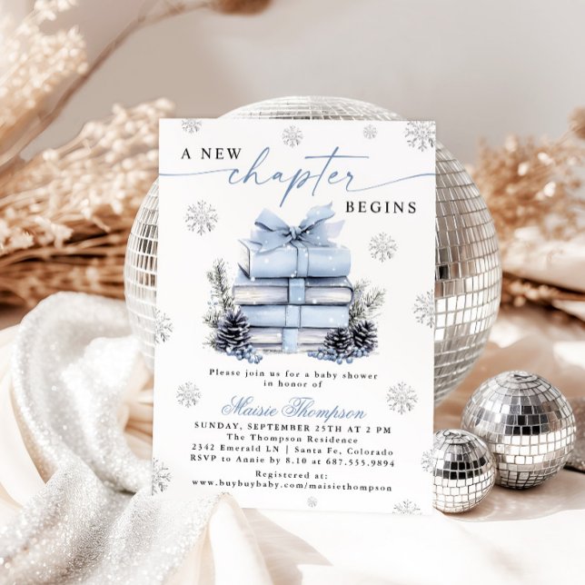 Convite A New Chapter Begins Blue Bow Winter Baby Shower (Criador carregado)