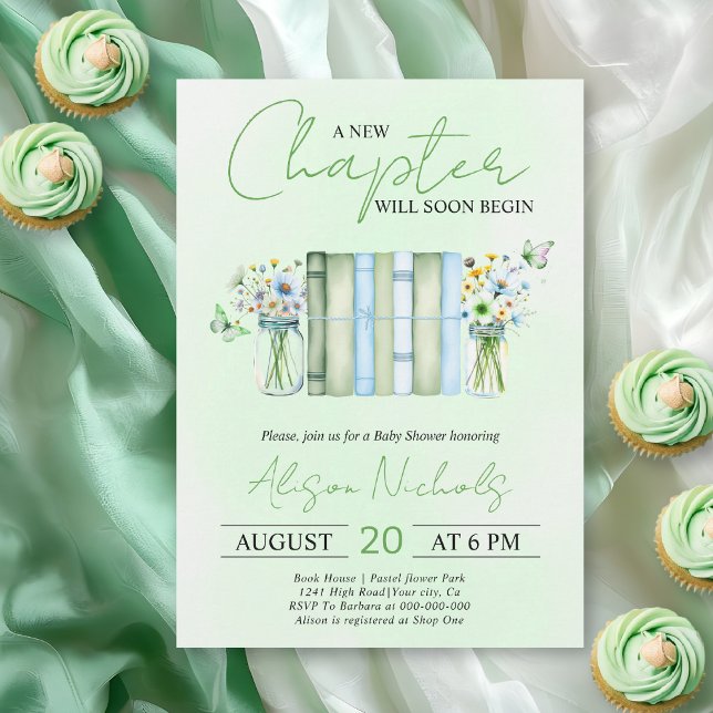Convite A New Chapter Begins bookneutral green baby shower (Criador carregado)