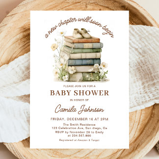 Convite A New Chapter Begins Books Baby Shower Invitation